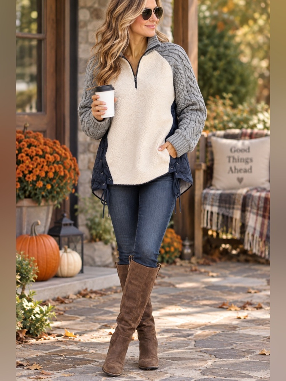 NWT Boundless North S Boutique Mixed Media Sherpa Cable Knit Pullover Jacket